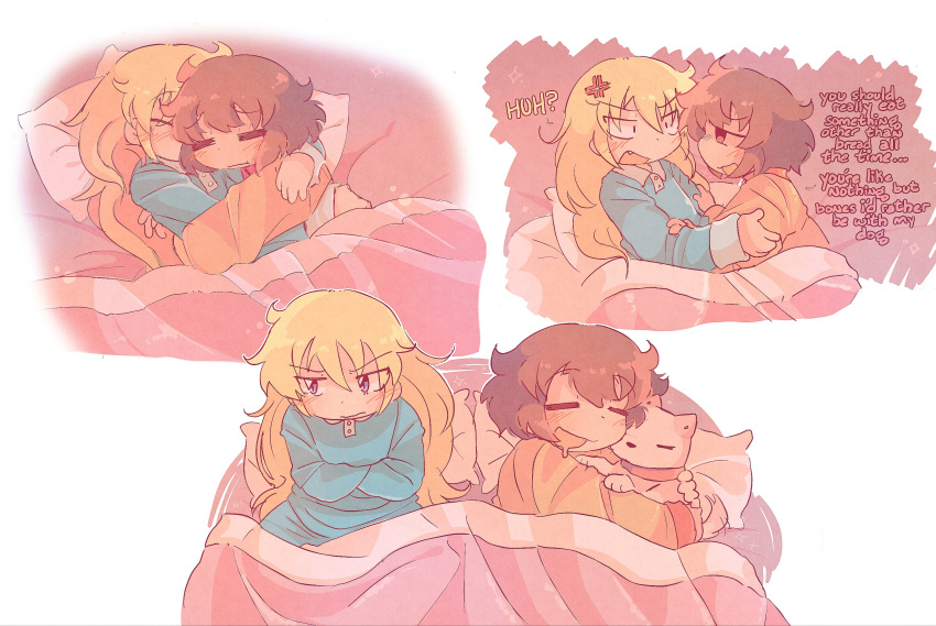 2girls, anger_vein, bed, blonde_hair, blue_pajamas, blush, brown_hair, cuddling