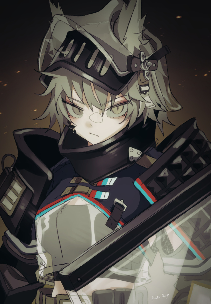 1girl, anies_kouhai, animal_ears, arknights, armor, artist_name, ashlock_(arknights), grey_eyes, grey_hair, helmet, highres, oripathy_lesion_(arknights), pauldrons, shield, shoulder_armor, squirrel_ears, visor_(armor)
