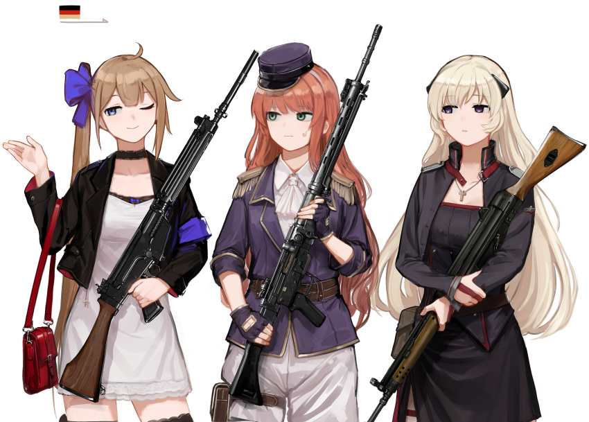 3girls, armband, ascot, bag, battle_rifle, belt, black_dress, black_jacket, black_thighhighs, blonde_hair, blue_armband, blue_bow, blue_eyes, blue_gloves, blue_headwear, bow, brown_hair, closed_mouth, collarbone, collared_shirt, cowboy_shot, cowlick, cross, cross_necklace, dress, dress_shirt, epaulettes, fal_(girls'_frontline), fingerless_gloves, fn_fal, g3_(girls'_frontline), german_flag, girls_frontline, gloves, green_eyes, gun, h&amp;k_g3, hair_between_eyes, hair_bow, hat, highres, holding, holding_gun, holding_weapon, jacket, jewelry, leather_belt, long_hair, military_hat, military_jacket, multiple_girls, necklace, one_eye_closed, open_mouth, orange_hair, rampart1028, red_bag, rifle, shirt, shoulder_bag, side_ponytail, sidelocks, sig-510_(girls'_frontline), sig_sg510, simple_background, smile, standing, sweatdrop, thigh-highs, thigh_pouch, very_long_hair, violet_eyes, weapon, white_ascot, white_background, white_dress, white_shirt
