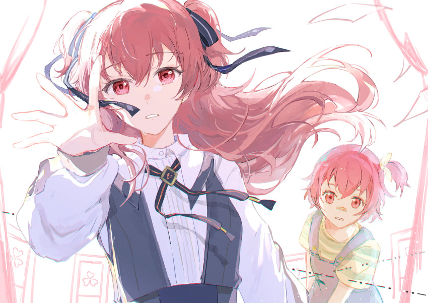 2girls, absurdres, age_progression, aged_down, blue_dress, blue_overalls, blue_ribbon, dress