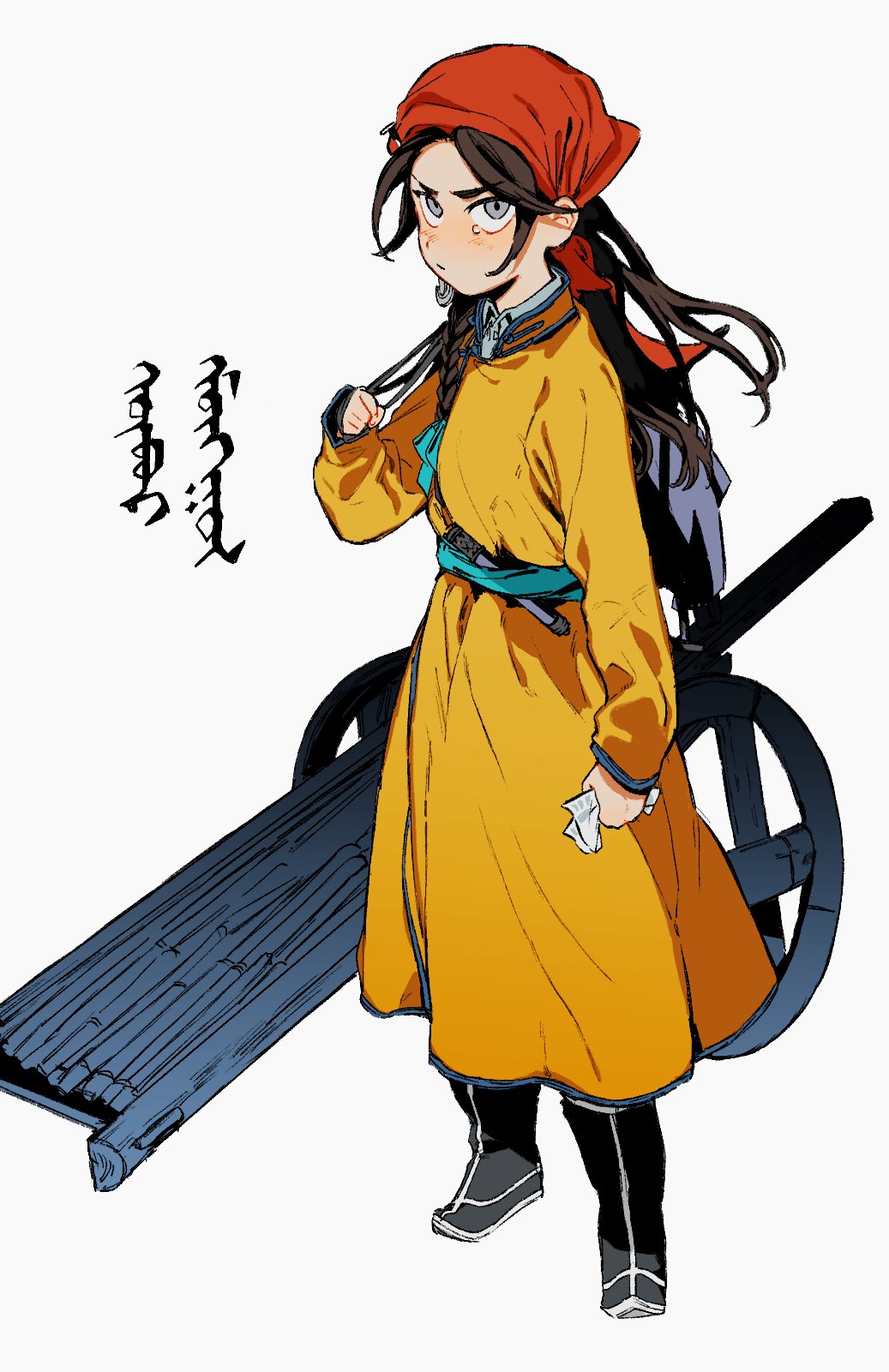 1girl, aqua_sash, bag, bandana, braid, brown_hair, cart, grey_eyes, highres, holding, holding_bag, holding_paper, looking_at_viewer, mongolian_clothes, mongolian_text, nanimonothing, original, paper, red_bandana, robe, traditional_clothes, yellow_robe