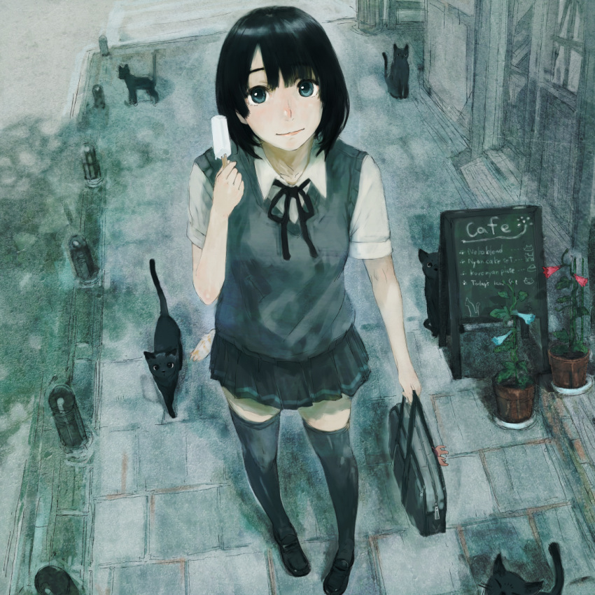 bag, black_hair, blue_eyes, cafe, cat, door, loafers, looking_up
