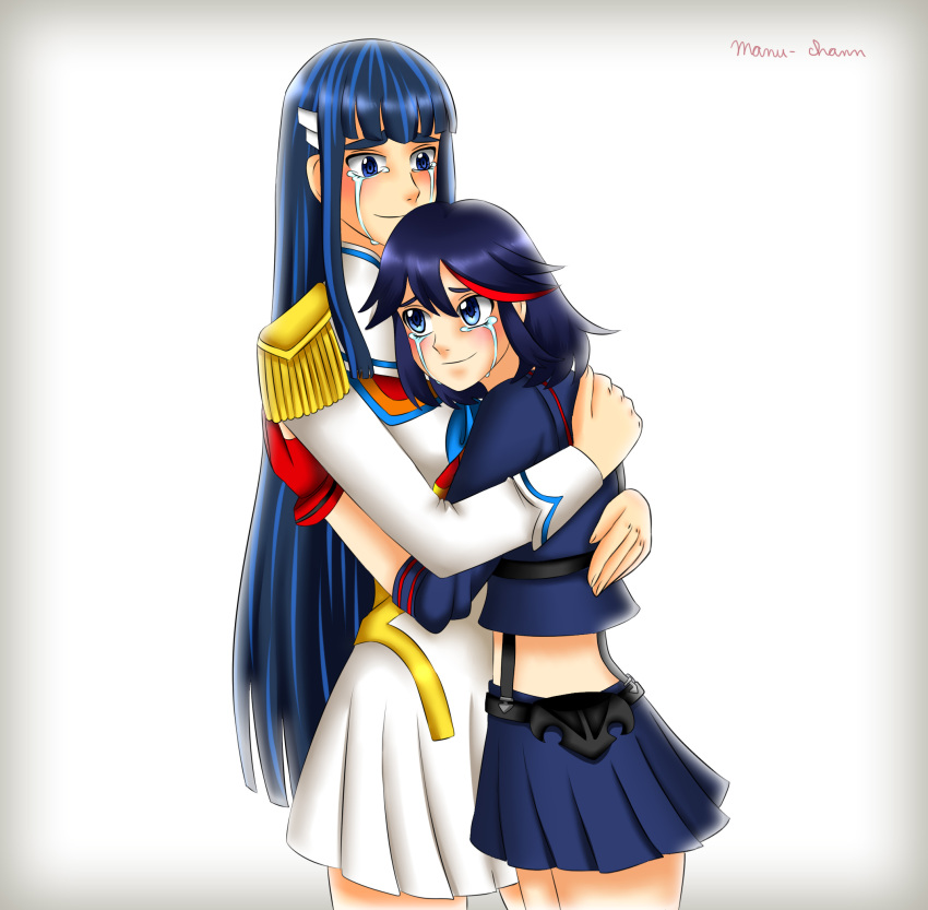 2girls, black_hair, comission, epaulettes, happy_tears, highres, hime_cut, hug, junketsu, kamui_(kill_la_kill), kill_la_kill, kiryuuin_satsuki, living_clothes, manunu_art, matoi_ryuuko, multiple_girls, senketsu, siblings, signature, tears, thick_eyebrows