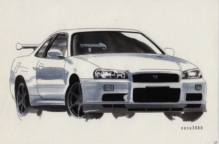 artist_name, car, motor_vehicle, nissan, nissan_skyline, nissan_skyline_gt-r, nissan_skyline_r34, no_humans, original, pastel_colors, simple_background, skyline, twitter_username, white_background, white_car, yasuyuki3080
