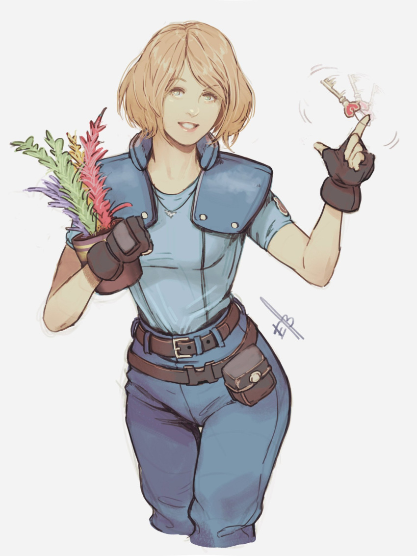 1girl, ashley_graham, belt, black_gloves, blonde_hair, blue_pants, blue_shirt, cosplay