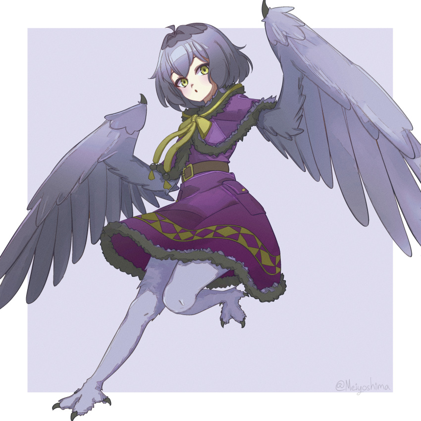 1girl, absurdres, ahoge, bird_legs, blush, capelet, commentary, dress