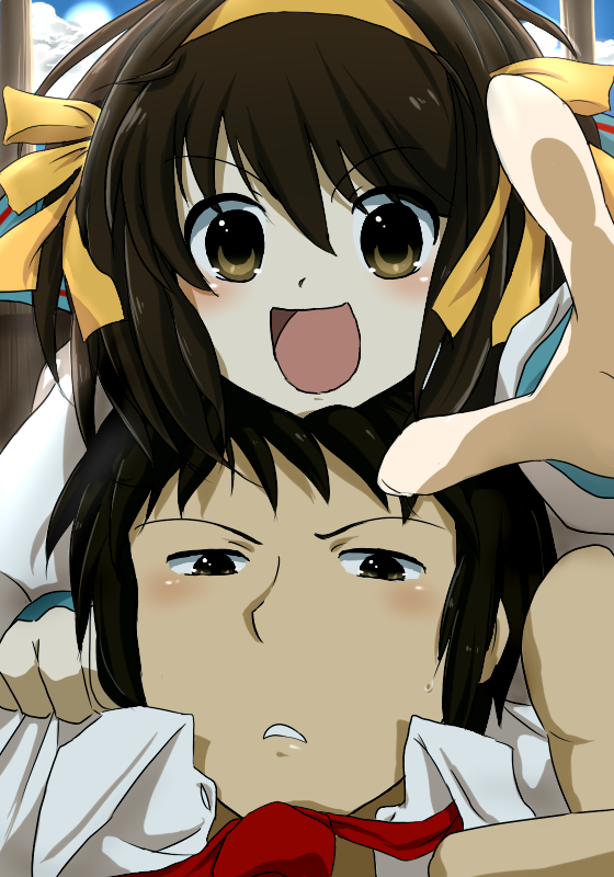 brown_eyes, brown_hair, foreshortening, hair_ribbon, kana_(okitasougo222), kyon, open_mouth, person_on_head