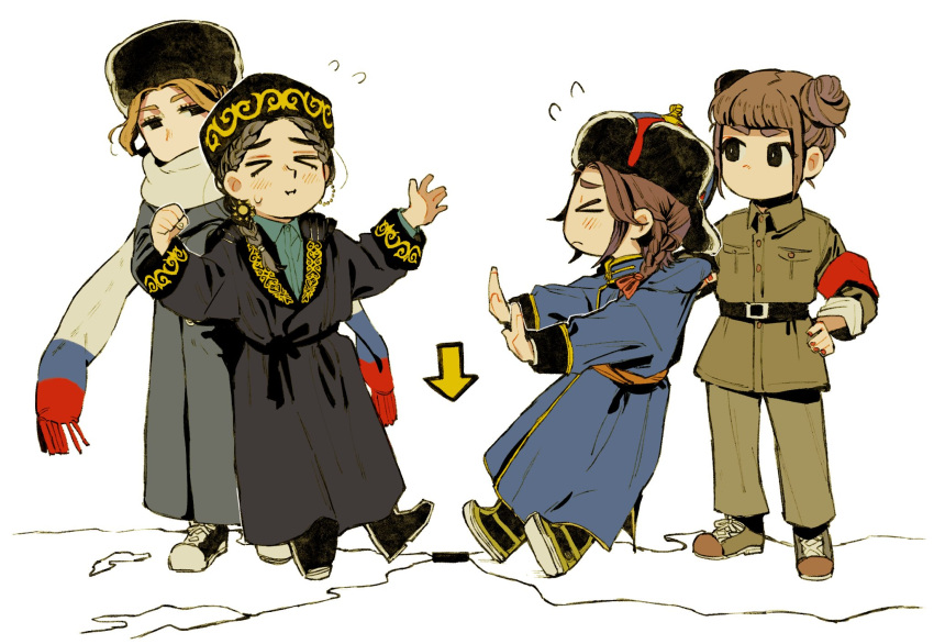 >_<, 4girls, black_footwear, black_robe, blonde_hair, blue_robe, brown_hair, china