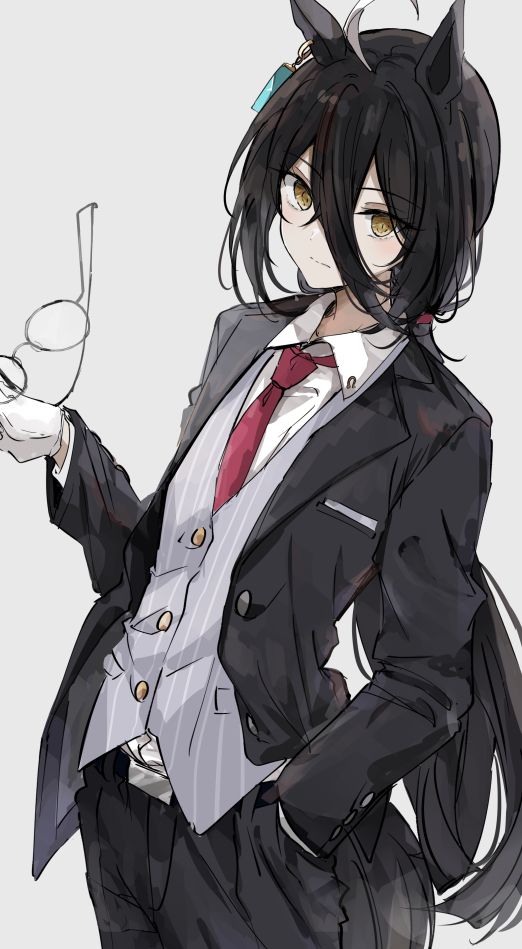 1girl, ahoge, alternate_costume, animal_ears, belt, black_hair, black_jacket, black_pants