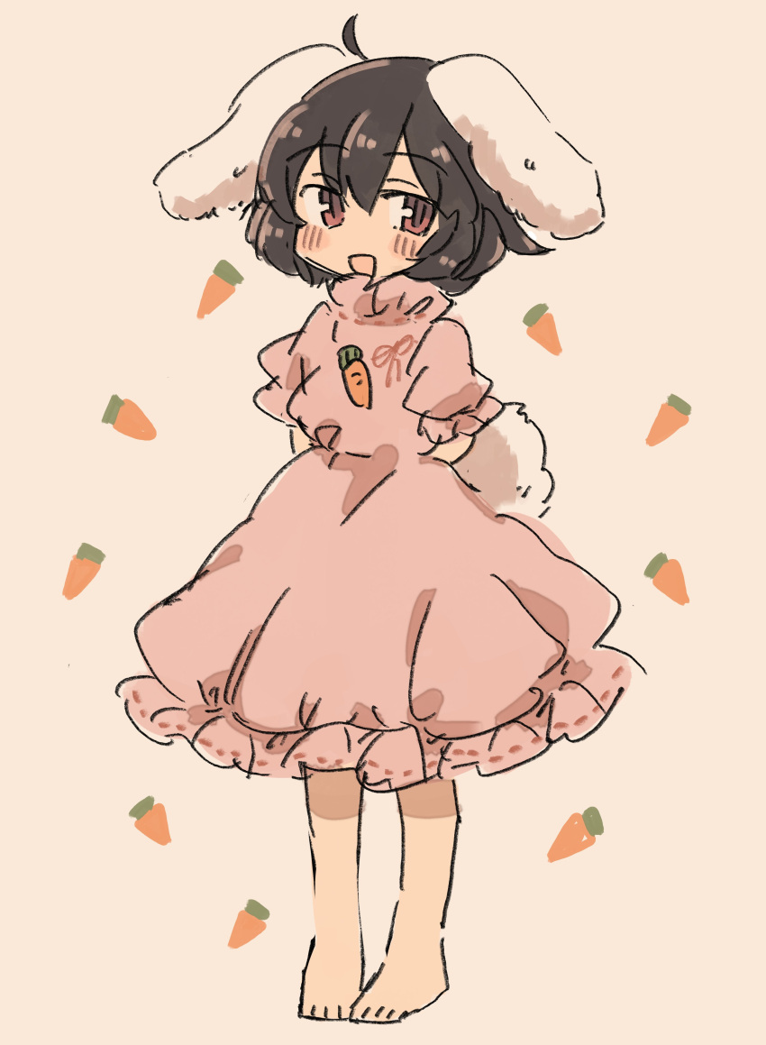 1girl, :d, absurdres, ahoge, animal_ears, arms_behind_back, bare_legs, barefoot