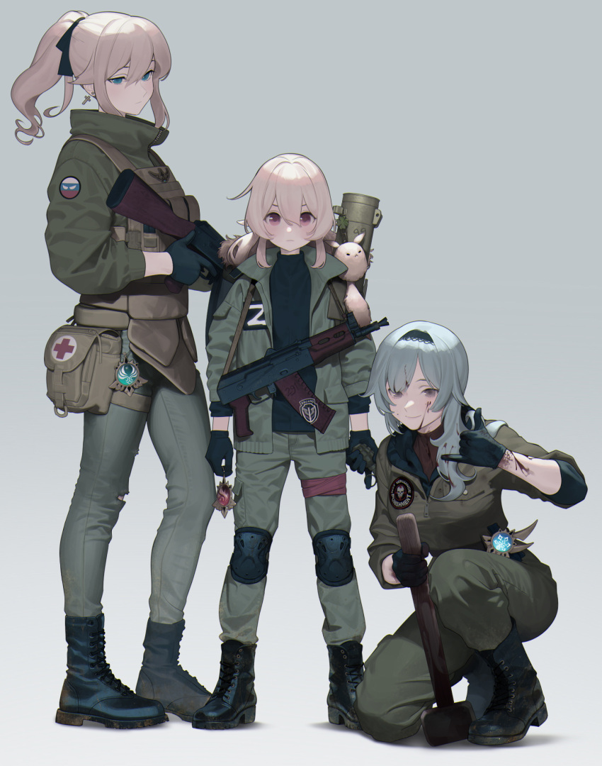 3girls, abbystea, ak-74, aks-74, assault_rifle, black_gloves, black_shirt, blonde_hair