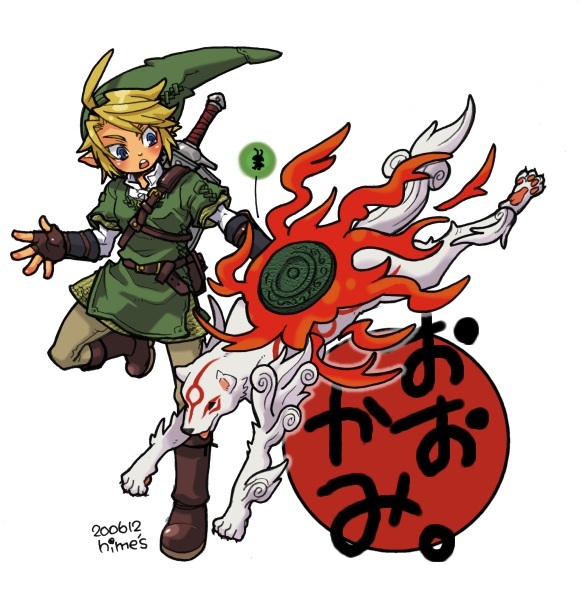 bad_id, blonde_hair, blue_eyes, capcom, crossover, gloves, hat, himeno_yuuma, issun, link, nintendo, okami, sheath, sheathed, sword, the_legend_of_zelda, twilight_princess, weapon, wolf