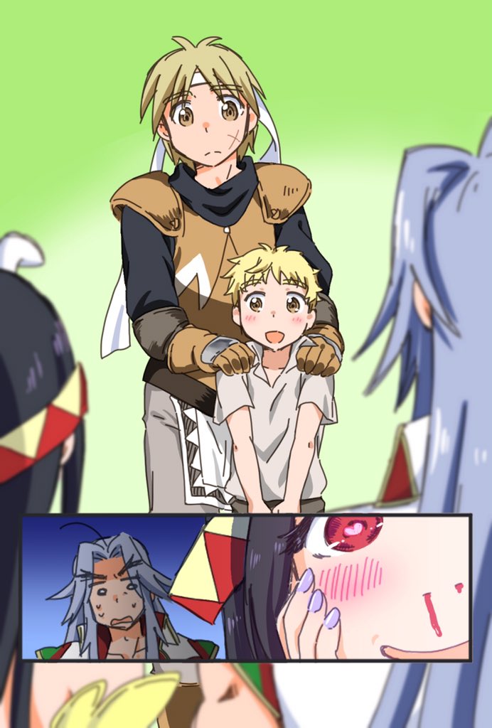 1girl, 3boys, armor, black_hair, blonde_hair, blood, blue_eyes, blue_hair