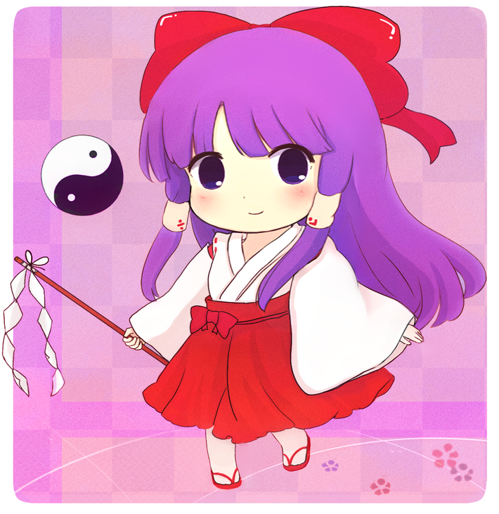 1girl, bow, chibi, commentary_request, flip-flops, full_body, gohei, hair_bow