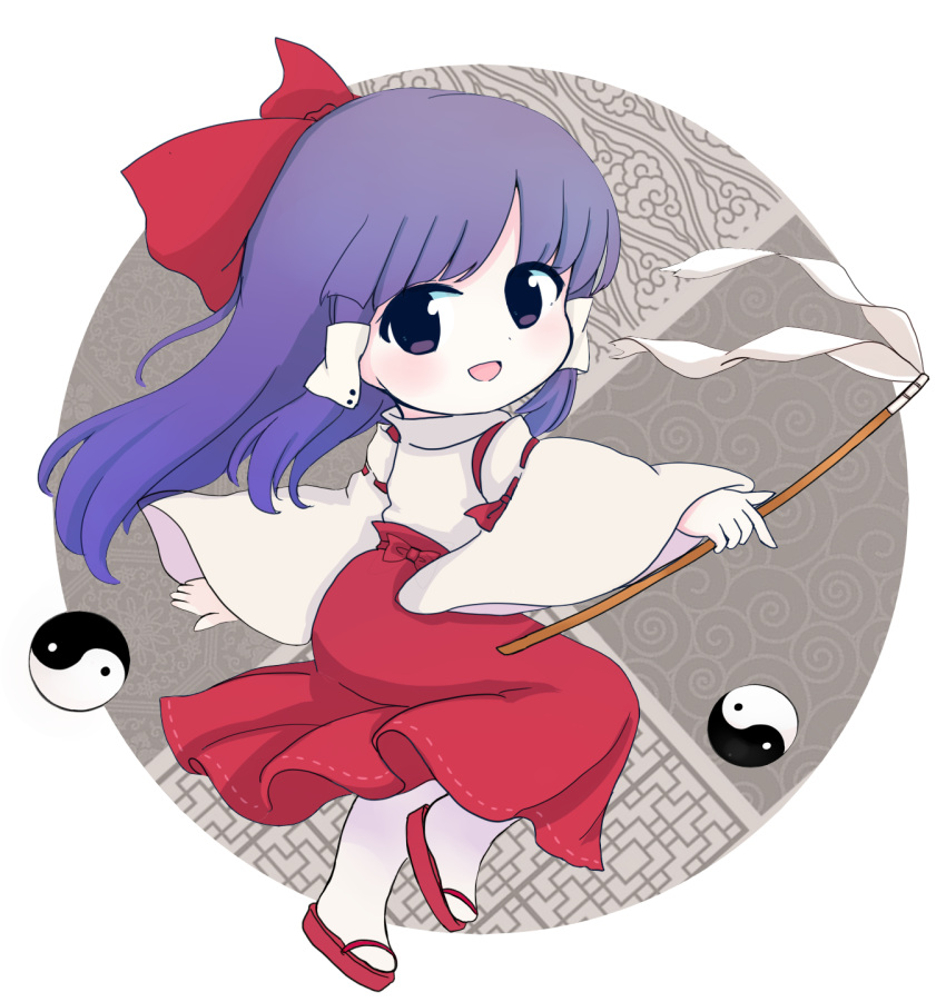1girl, bow, chibi, commentary_request, detached_sleeves, flip-flops, full_body, gohei