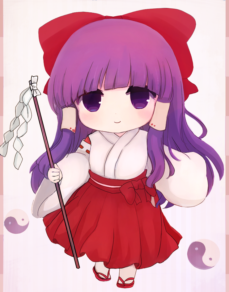 1girl, blunt_bangs, bow, chibi, closed_mouth, commentary_request, flip-flops, full_body