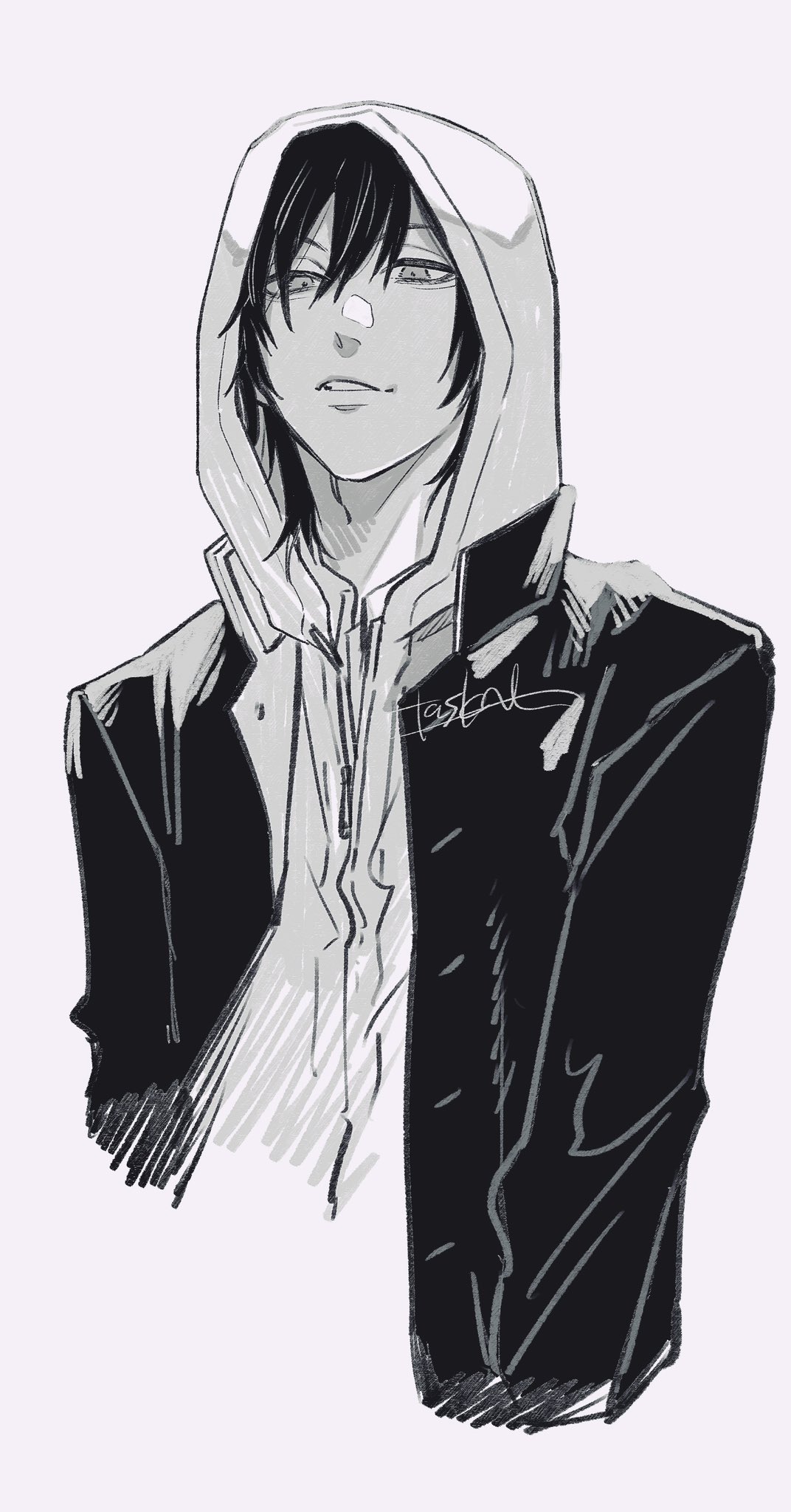 1boy, black_hair, black_jacket, chainsaw_man, fourth_east_high_school_uniform, greyscale, hair_between_eyes, hands_in_pockets