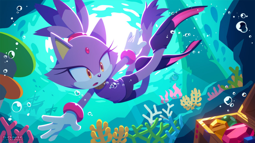 1boy, 1girl, air_bubble, animal_ears, big_the_cat, blaze_the_cat, bubble, cat_ears