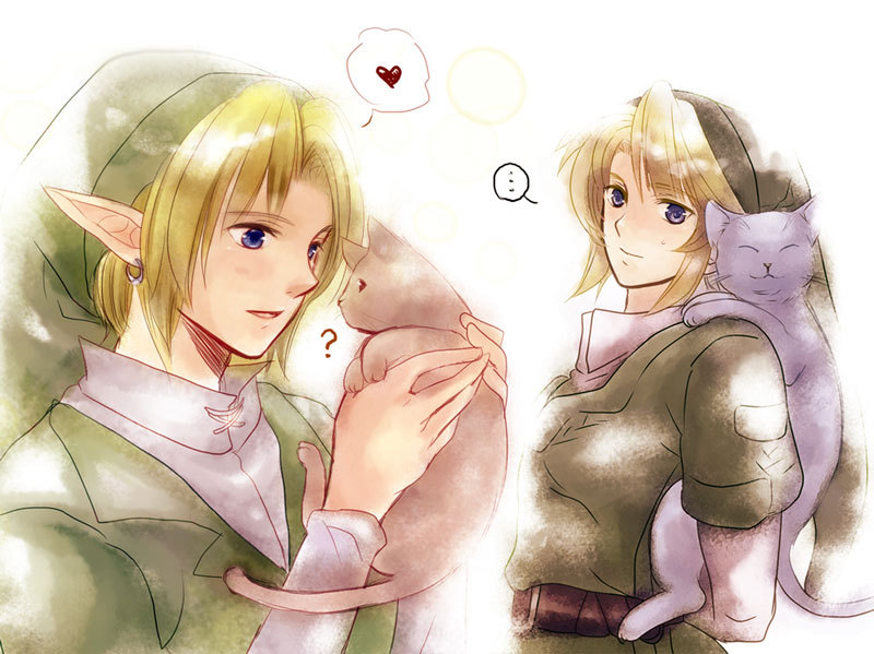 blue_eyes, carrying, cat, dual_persona, earrings, hat, jewelry, link