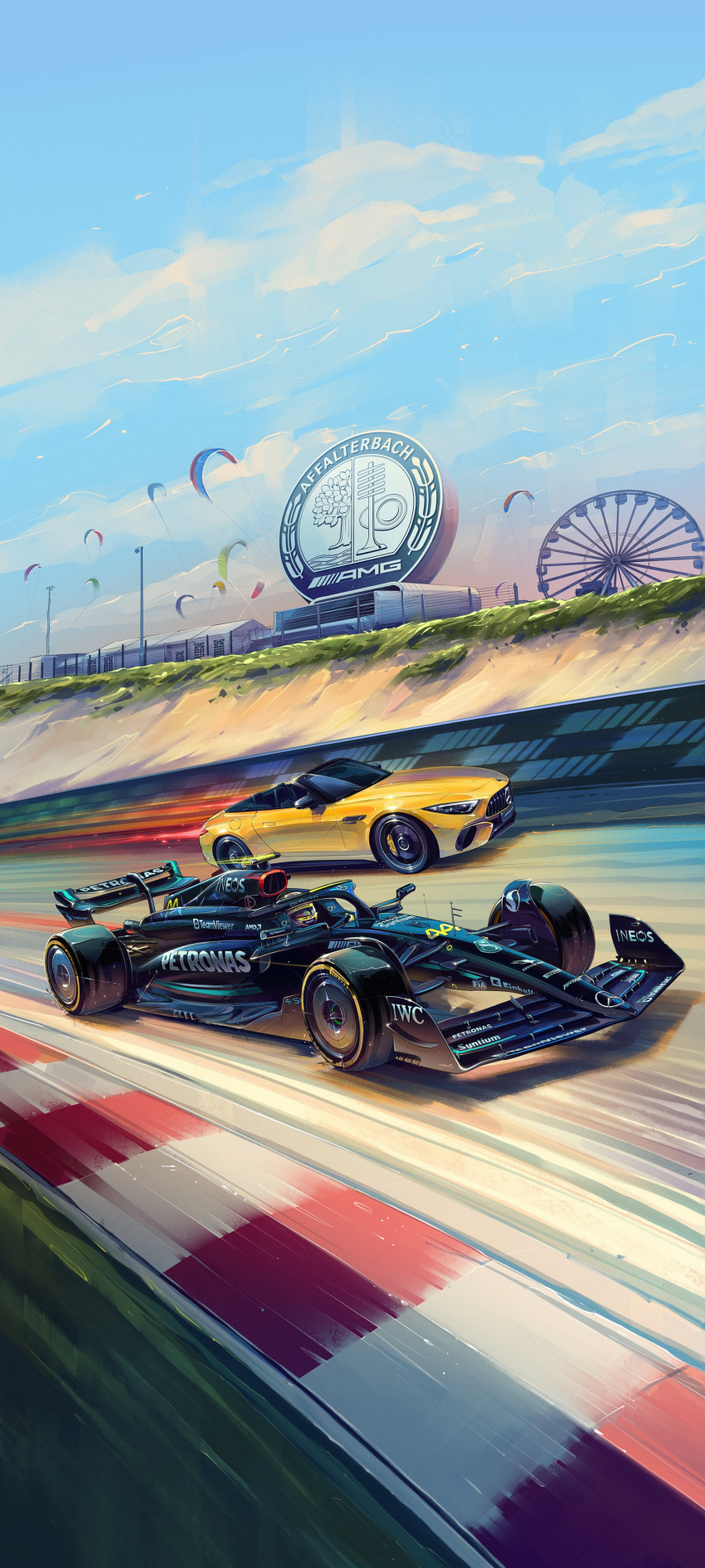 1boy, absurdres, andrew_mytro, car, circuit_zandvoort, clouds, convertible, english_commentary