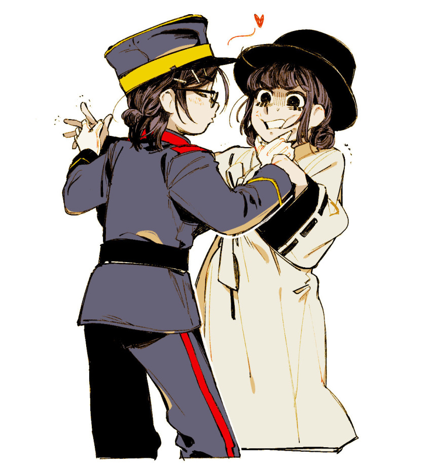 2girls, belt, glasses, gloves, hand_on_another's_chin, hat, highres, imminent_kiss