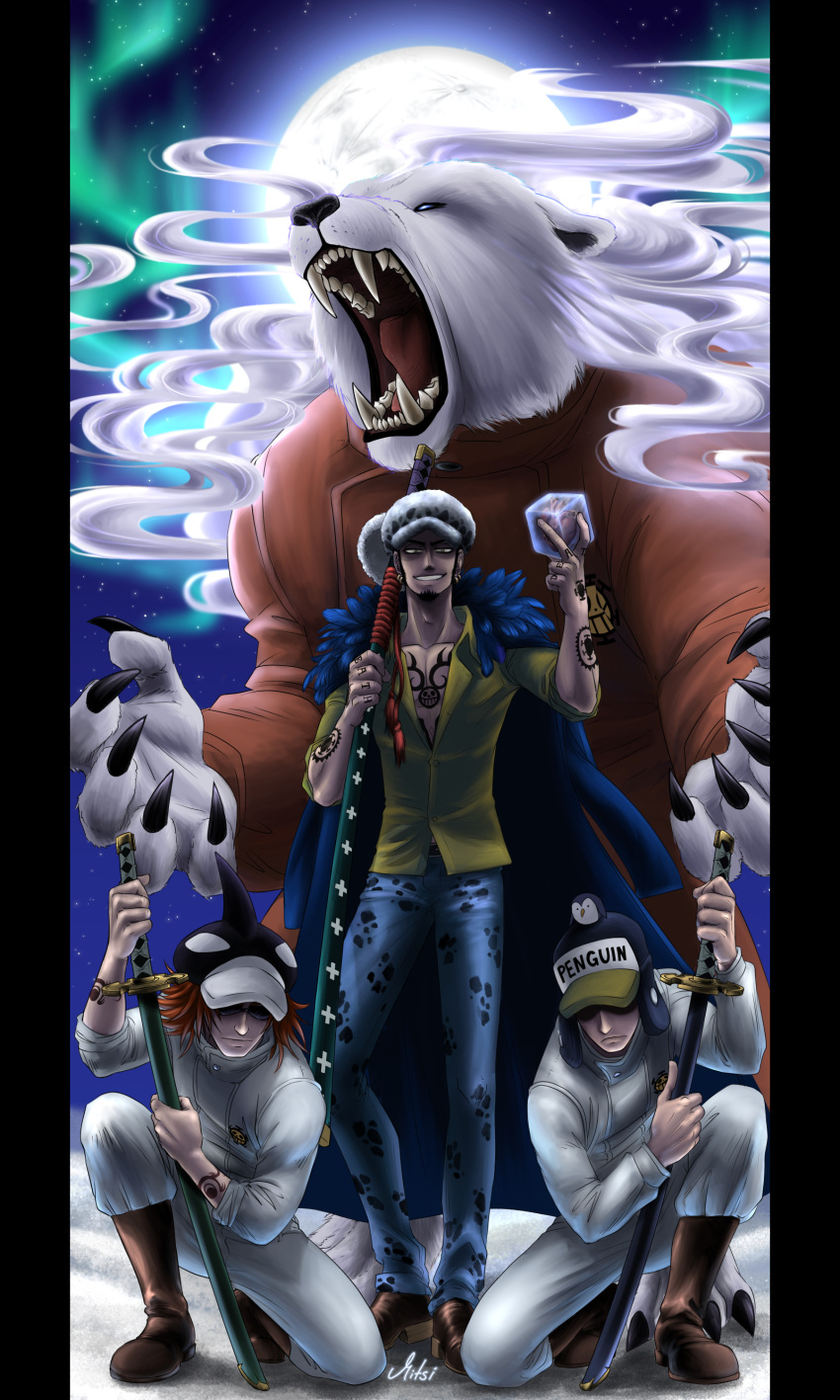 3boys, absurdres, animal, arm_tattoo, bear, bepo, bodysuit, character_name