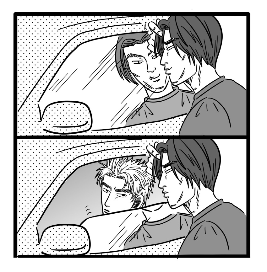 2boys, adjusting_hair, annoyed, car, frown, greyscale, hair_behind_ear, highres