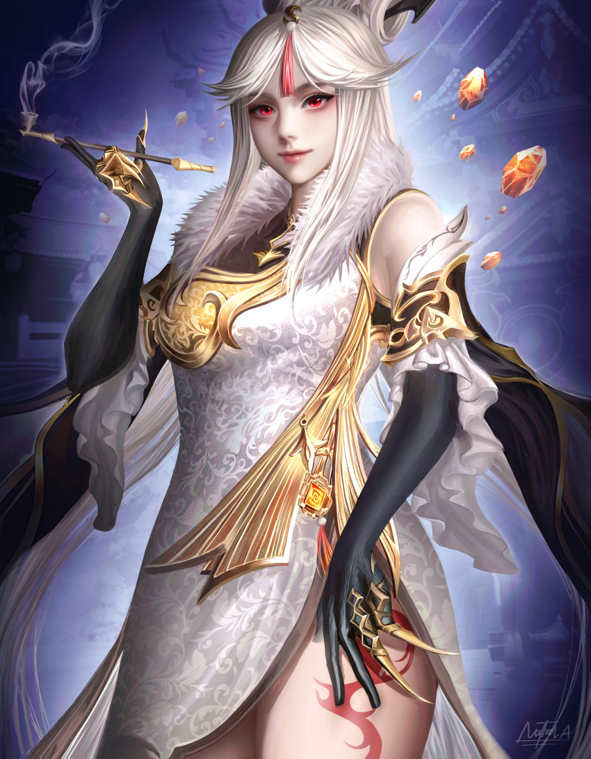 1girl, absurdres, breasts, capelet, cowboy_shot, crystal, elbow_gloves, fur_trim