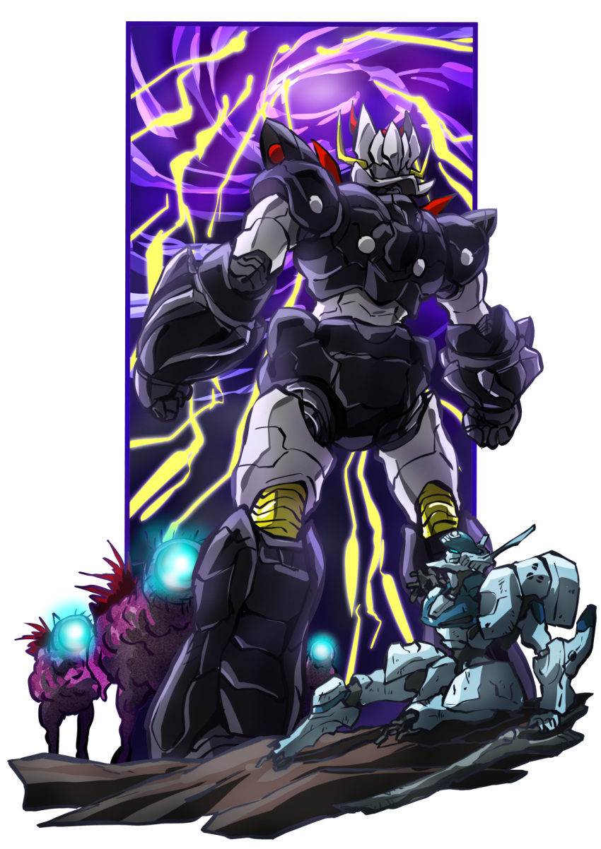 alien, assault_visor, beta_(muv-luv), clouds, crossover, damaged, highres, lightning, looking_up, mazinger_(series), mazinkaiser, mazinkaiser_(robot), mecha, muv-luv, muv-luv:_dimensions, muv-luv_alternative, no_humans, robot, super_robot, tactical_surface_fighter, taiga_hiroyuki, type_94_shiranui