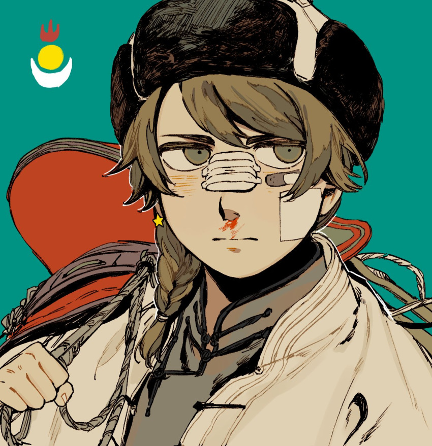 1boy, blood, braid, brown_eyes, brown_hair, highres, messy_hair, mongolian_clothes