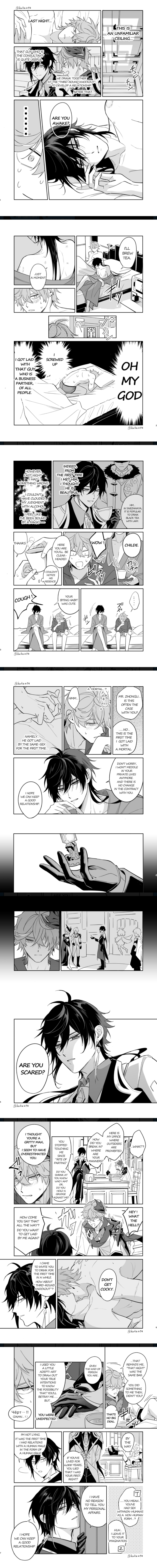 2boys, absurdres, bathrobe, english_text, genshin_impact, gnosis_(genshin_impact), greyscale, highres, implied_yaoi, incredibly_absurdres, kukuuta, monochrome, multiple_boys, speech_bubble, tall_image, tartaglia_(genshin_impact), vertical_comic, yaoi, zhongli_(genshin_impact)