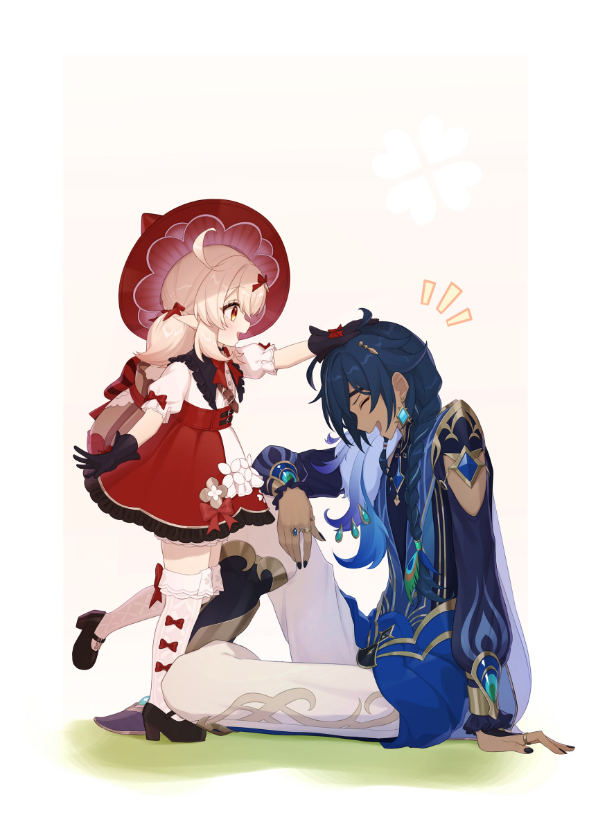 1girl, absurdres, black_footwear, black_gloves, black_nails, blonde_hair, blue_gemstone, blue_hair