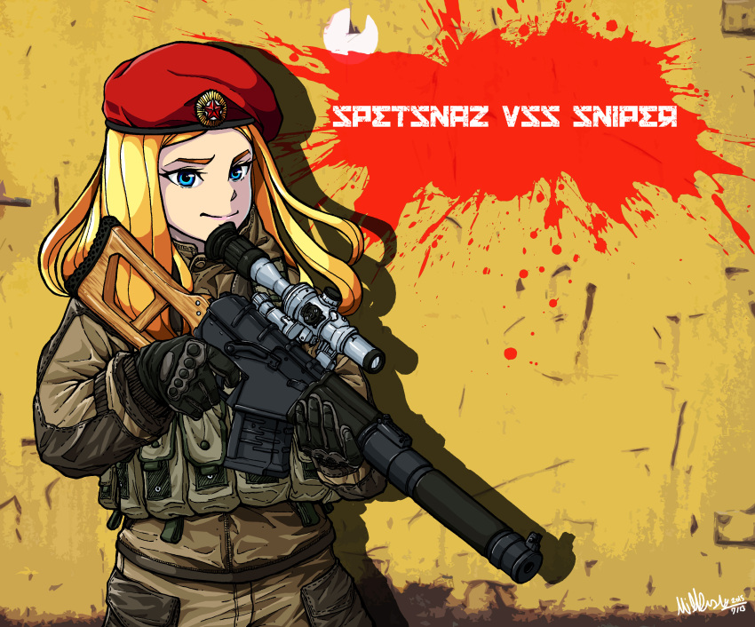 1girl, absurdres, ammunition_pouch, bangdog, beret, black_gloves, blonde_hair, brown_background
