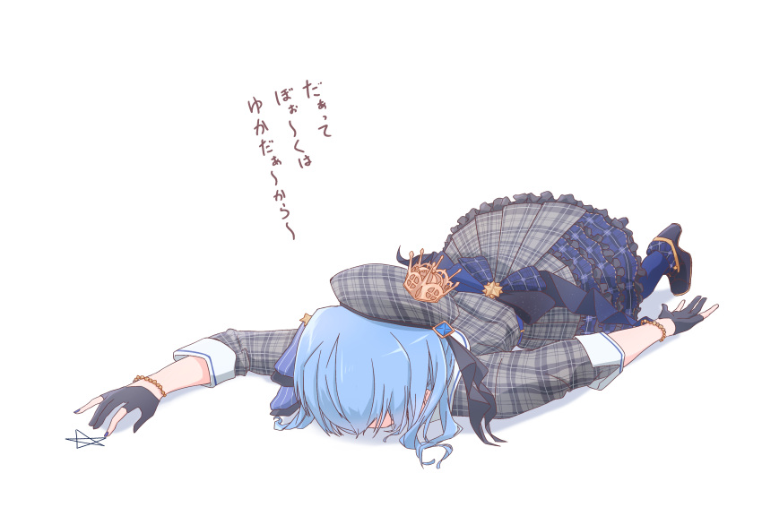 1girl, beret, blue_hair, blue_ribbon, blue_skirt, chamomile_(kazumasa), commentary_request, crown