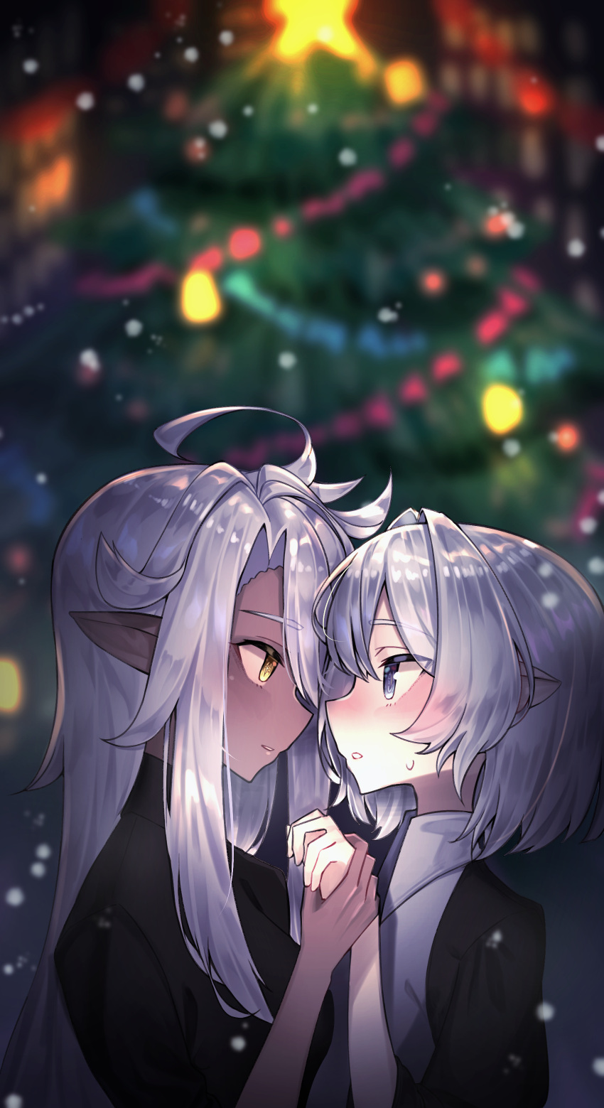 2girls, absurdres, ahoge, black_jacket, blue_eyes, blush, christmas, christmas_tree