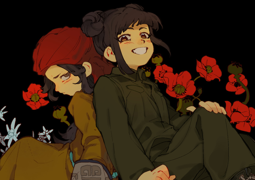 1boy, 1girl, black_hair, double_bun, flower, hair_bun, hime_cut, long_hair