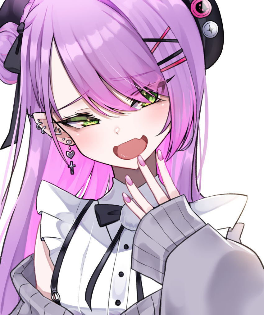 1girl, absurdres, black_headwear, buttons, cardigan, cardigan_partially_removed, commentary, earrings, fake_horns, frilled_sleeves, frills, green_eyes, grey_cardigan, hair_bun, hair_ornament, hairclip, highres, hololive, hoop_piercing, horned_headwear, horns, jewelry, jirai_kei, long_hair, multiple_piercings, myanja, nail_polish, official_alternate_costume, official_alternate_hair_length, official_alternate_hairstyle, ojou-sama_pose, open_cardigan, open_clothes, pink_hair, pink_nails, pointy_ears, purple_hair, shirt, short_sleeves, simple_background, single_side_bun, smirk, smug, solo, tokoyami_towa, tokoyami_towa_(3rd_costume), upper_body, virtual_youtuber, white_background, white_shirt, x_hair_ornament