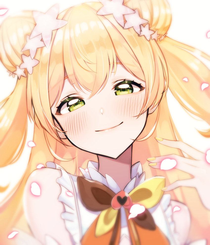 1girl, blonde_hair, blue_sailor_collar, blush, closed_mouth, commentary, double-parted_bangs, double_bun