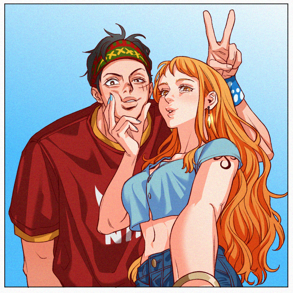 1boy, 1girl, alternate_costume, arm_tattoo, black_hair, blue_background, blue_nails, bracelet