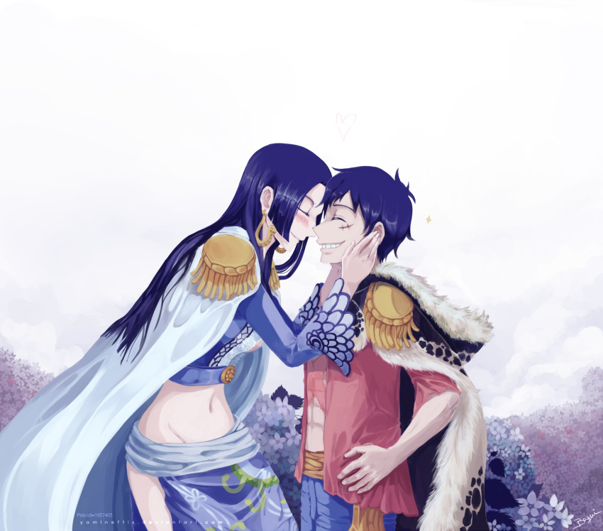 1boy, 1girl, artist_name, blue_hair, blush, boa_hancock, closed_eyes, closed_mouth