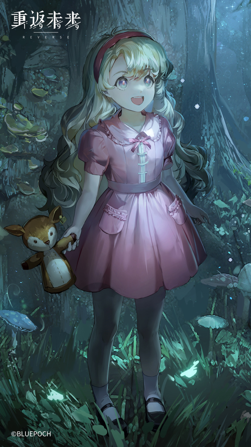1girl, :d, absurdres, aged_down, animal_puppet, ankle_socks, black_footwear, blonde_hair