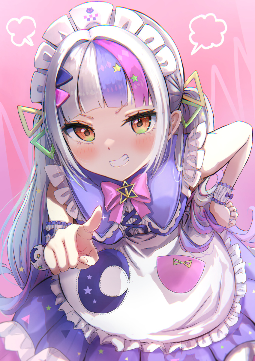 1girl, absurdres, apron, dress, grey_hair, hand_on_own_hip, highres, hololive, leaning_forward, long_hair, looking_at_viewer, maid, maid_apron, maid_headdress, multicolored_hair, murasaki_shion, murasaki_shion_(6th_costume), pink_hair, pointing, pointing_at_viewer, purple_hair, scrunchie, skirt, smile, solo, teeth, terra_bose, twintails, virtual_youtuber, white_apron, wrist_scrunchie, yellow_eyes