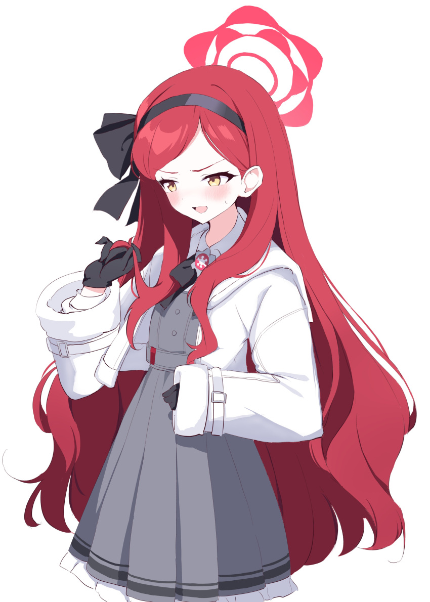 1girl, absurdres, arimas_ar1, black_gloves, black_hairband, blue_archive, blush, dress