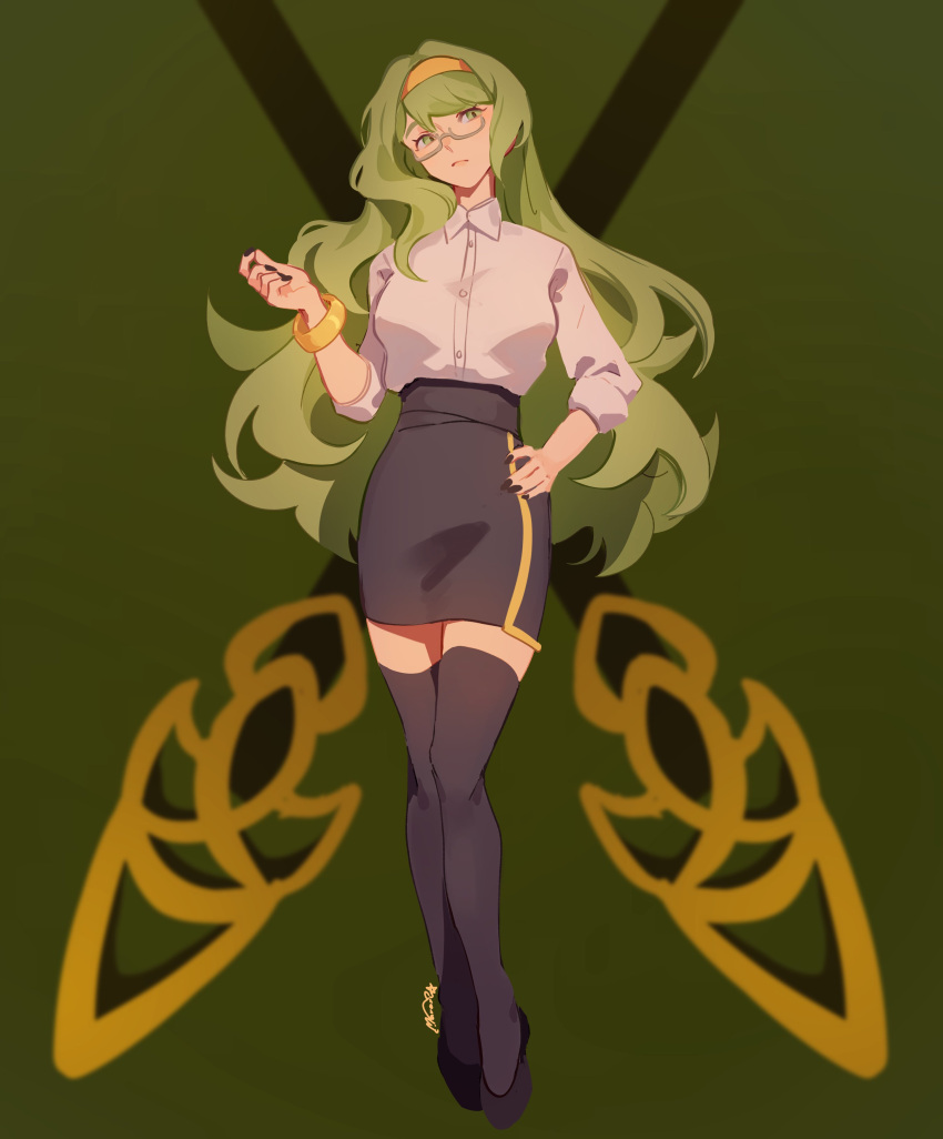 1girl, absurdres, black_footwear, black_nails, black_skirt, black_thighhighs, collared_shirt, commentary