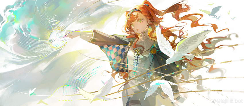 1girl, :o, absurdres, bird, braided_sidelock, checkered_cloak, checkered_hairband, cowboy_shot