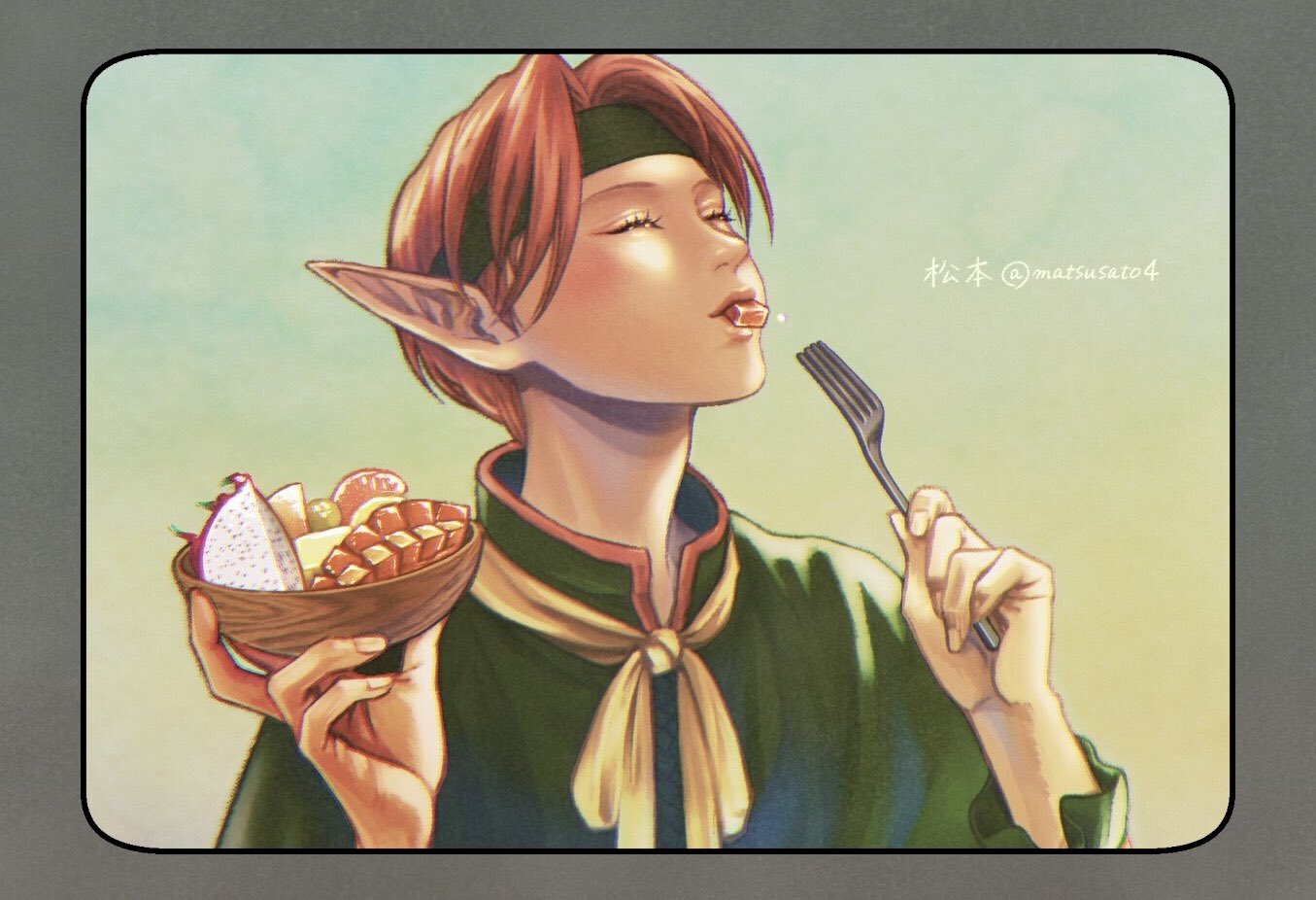 1girl, bowl, eating, elf, food, fork, gensou_suikoden, gensou_suikoden_iv