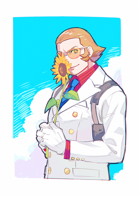 1boy, ace_attorney, aqua_necktie, aviator_sunglasses, blue_background, blue_sky, bobby_fulbright, border