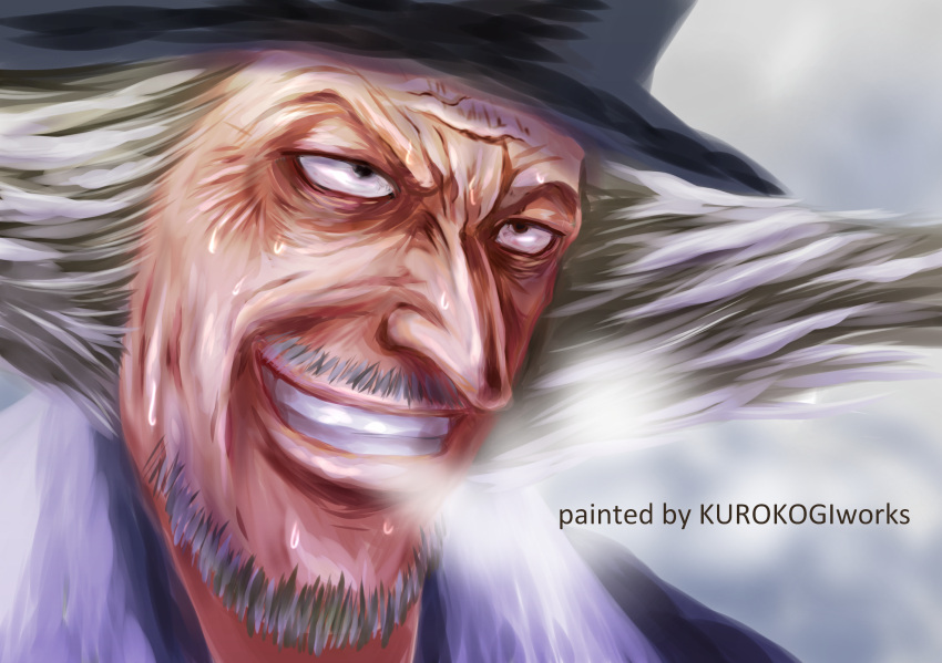 1boy, artist_name, black_eyes, black_hair, black_headwear, dr._hiluluk, english_text, facial_hair
