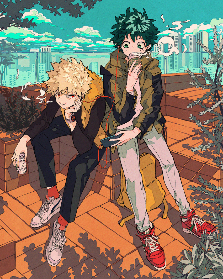 2boys, alternate_costume, aqua_sky, arm_on_knee, backpack, bag, bag_removed, bakugou_katsuki