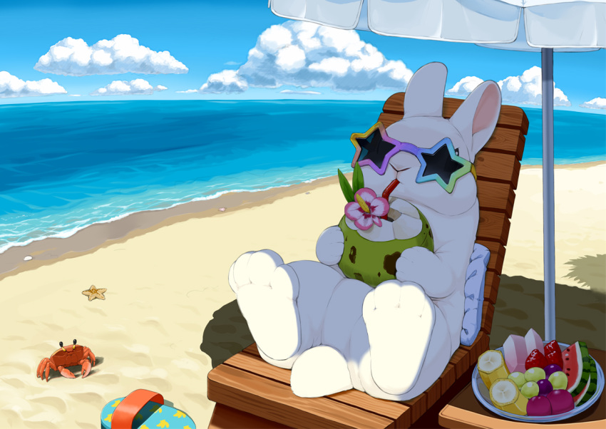 animal_focus, beach, blue_sky, chair, clouds, cloudy_sky, coconut_cup, crab